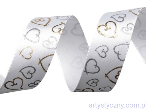 Biała Wstążka z Brokatem Serca Złote Srebrne 1,5m