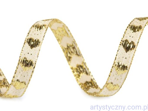 Wstążka Tasiemka Metalizowana Kremowo-Złota - Serca - 3 metry