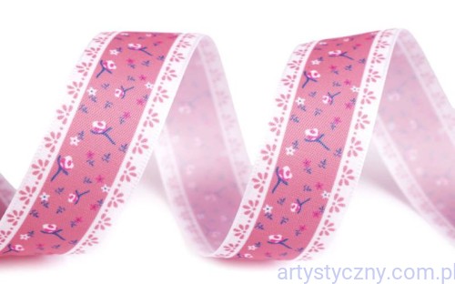 Tasiemka Satynowa 25mm - Różowa w Kwiaty - 3 metry