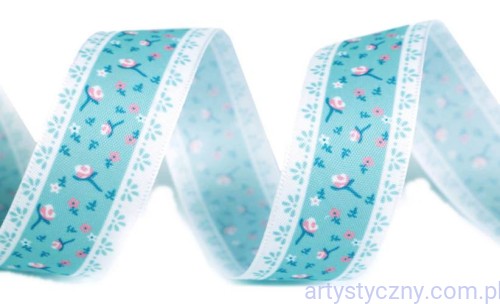 Wstążka Tasiemka Satynowa 25mm - Niebieska w Kwiaty - 3 metry