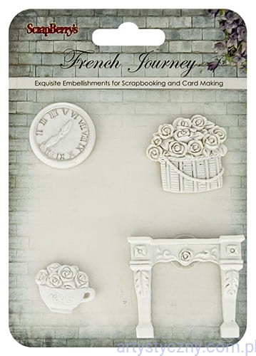 Zestaw ozdób z masy polimerowej - French Journey - zegar toaletka róże