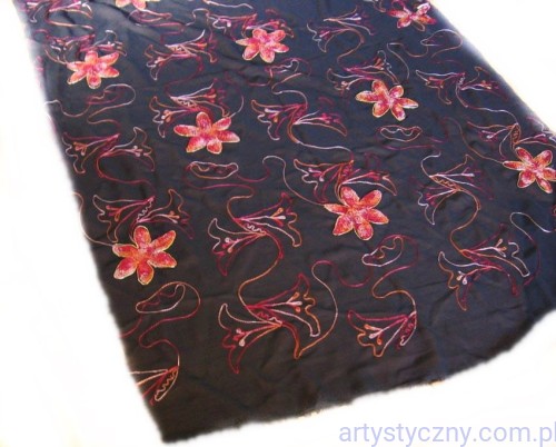 Czarny Tiul z Haftem Pomarańczowe Kwiaty - 1 metr