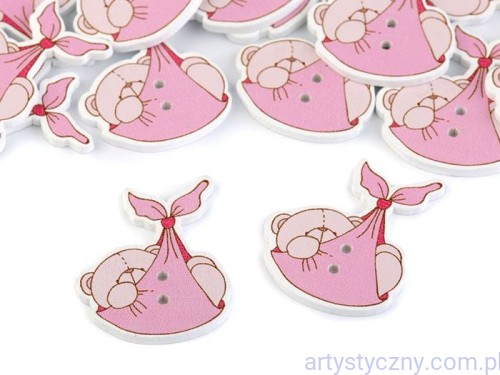 Drewniane Ozdoby Guziki - Różowe Misie - 5 sztuk