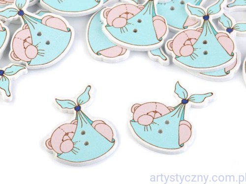 Drewniane Ozdoby Guziki - Niebieskie Misie - 5 sztuk