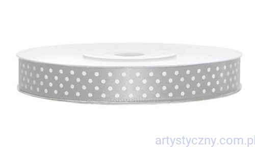 Tasiemka Wstążka Satynowa 12mm - Srebrna w Kropki - 3 metry
