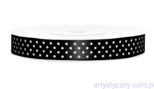 Tasiemka Wstążka Satynowa 12mm - Czarna w Kropki - 3 metry