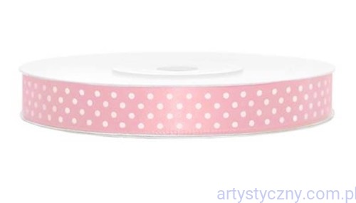 Tasiemka Wstążka Satynowa 12mm - Różowa w Kropki - 3 metry
