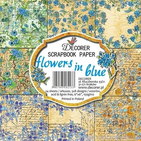 Papiery do Scrapbookingu 15x15cm, Flowers in blue 24 ark