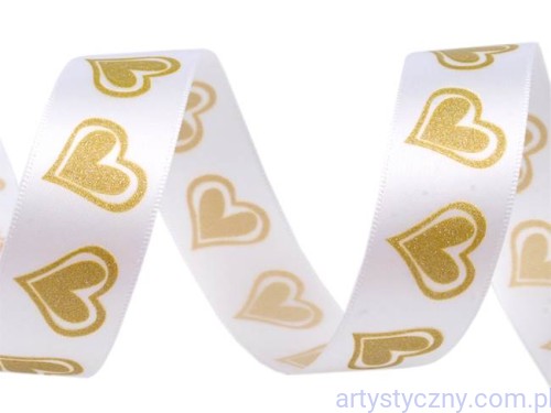 Biała Satynowa Wstążka z Brokatem 2m Złote Serca