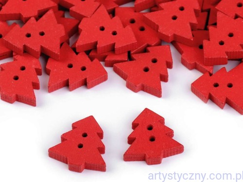 Guziki drewniane dekoracyjne Czerwone Choinki - 10 sztuk