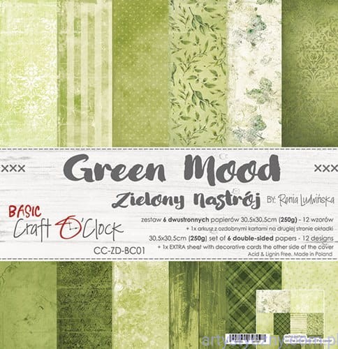 CC-ZD-BC01 Papiery Craft o'Clock, Basic 01 - Green Mood, 250g, 6 ark, 30x30cm