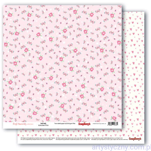 SCB220611103 Papier do scrapbookingu, First Moments, Pink Petals Kwiatuszki Serduszka 30x30cm