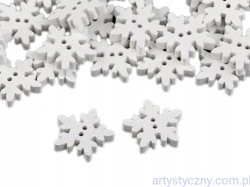 Guziki drewniane dekoracyjne Białe ŚNIEŻYNKI - 10 sztuk