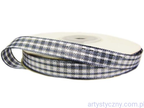 Wstążka tasiemka kraciasta w kratkę - 5 metrów - biało-szaro-srebrna - 10mm