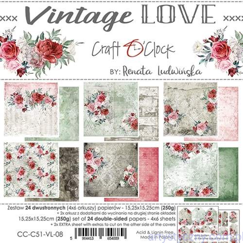 CC-C51-VL-08 Zestaw papierów do scrapbookingu Craft o'Clock - Vintage Love - 15x15cm