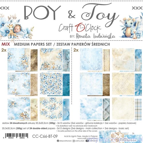 CC-C66-BT-09 Zestaw papierów do scrapbookingu Craft o'Clock - MIX Boy and Toy - 6ark - 20x20cm