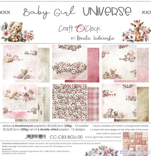 CC-C83-BGU-00-Zestaw papierów do scrapbookingu Craft o'Clock - Baby Girl Universe - 30x30cm