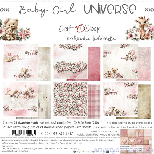 CC-C83-BGU-07-Zestaw papierów do scrapbookingu Craft o'Clock - Baby Girl Universe - 6ark - 20x20cm