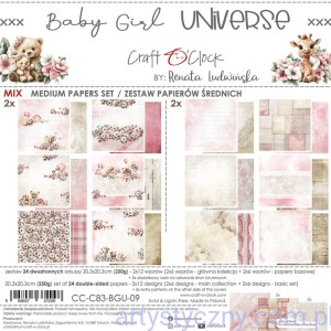 Zestaw papierów do scrapbookingu Craft o'Clock - MIX  Baby Girl Universe - 20x20cm - 12ark