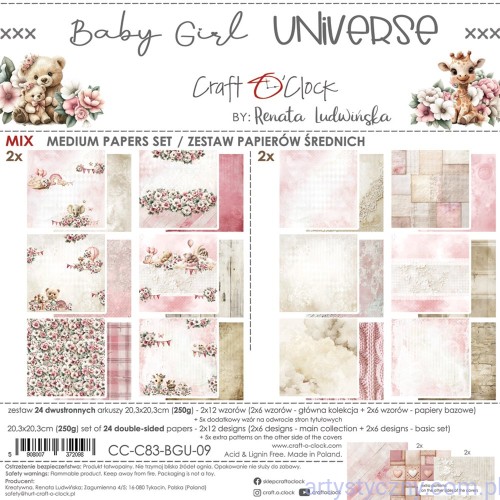 CC-C83-BGU-09-Zestaw papierów do scrapbookingu Craft o'Clock - MIX  Baby Girl Universe - 20x20cm - 12ark