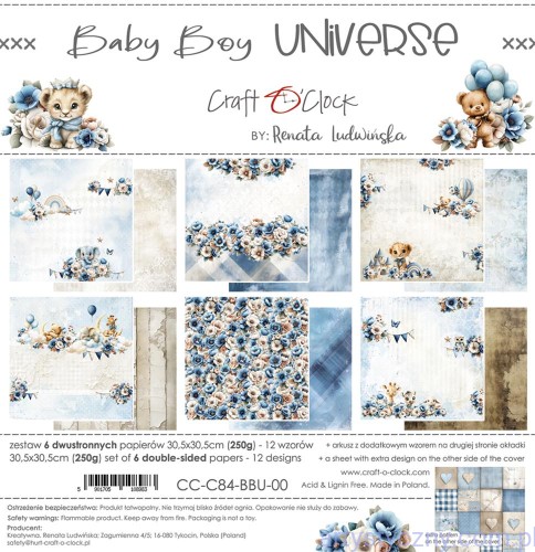 CC-C84-BBU-00-Zestaw papierów do scrapbookingu Craft o'Clock - Baby Boy Universe - 30x30cm