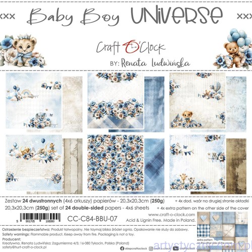 CC-C84-BBU-07-Zestaw papierów do scrapbookingu Craft o'Clock - Baby Boy Universe - 20x20cm - 6ark