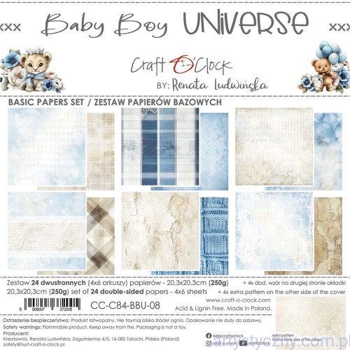 CC-C84-BBU-08-Zestaw papierów do scrapbookingu Craft o'Clock - BASIC Baby Boy Universe - 20x20cm - 6ark