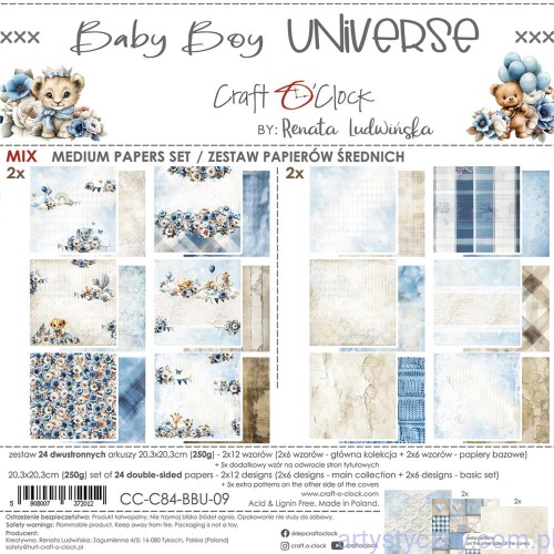 CC-C84-BBU-09-Zestaw papierów do scrapbookingu Craft o&amp;#039;Clock - Baby Boy Universe - 20x20cm - 12ark