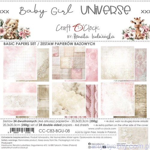 CC-C83-BGU-08-Zestaw papierów do scrapbookingu Craft o'Clock - BASIC Baby Girl Universe - 20x20cm - 6ark