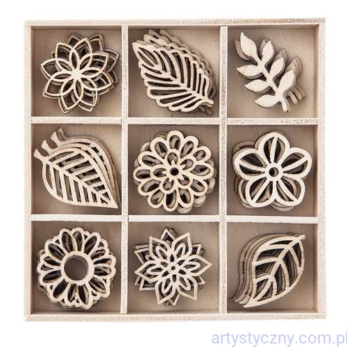 Drewniane Ozdoby - Kwiaty Liście - 45 szt - 063